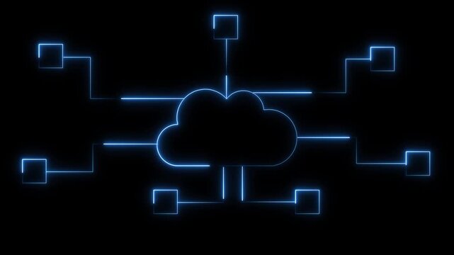 Cloud computing network animation connects square processing nodes. Remote server infrastructure telemetry routes on cloud computing network. Systems use network.