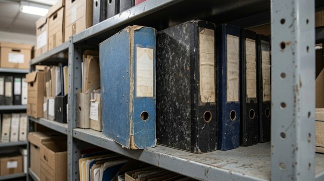 Billing folder shelved beside claim binders, organized office records and warehouse invoicing archive