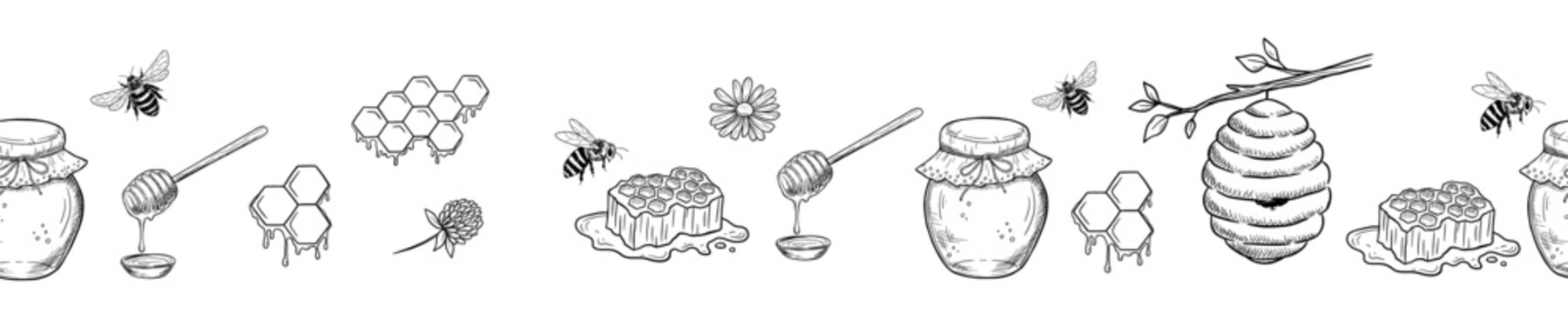 Seamless border with bumblebee and honey pot sketch in woodcut style. Isolated hand drawn vector illustrations set for spring or farm designs