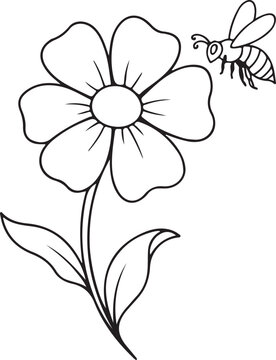 A floral ornament depicting a bee flying near a five petaled flower rendered as a black and white line drawing blossom bloom insect pollinator