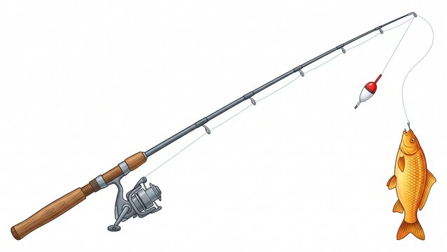 Detailed fishing rod with reel and a caught fish depicted on white background