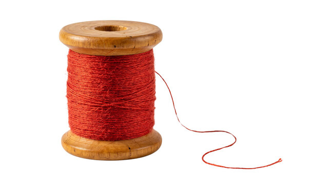 Vintage Wooden Spool with Red Sewing Thread, Antique Bobbin for Tailoring and Crafting, Wooden Thread Reel isolated PNG with Transparent Background