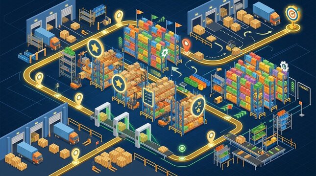 Timeline poster tracking rack milestones, project planning and warehouse expansion roadmap
