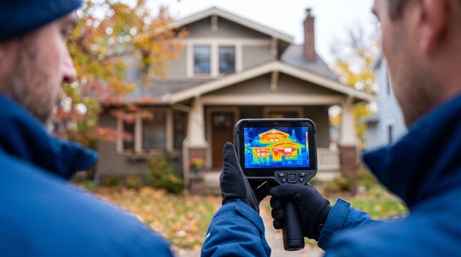 Thermal imaging camera inspecting residential house in autumn to visualize heat loss through walls and windows for energy efficiency