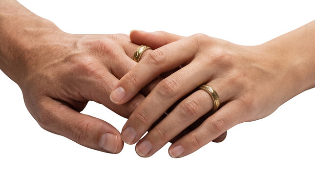 Married couple holding hands showing gold wedding rings, loving husband and wife tender gesture of romance, marital trust and commitment concept isolated PNG with Transparent Background