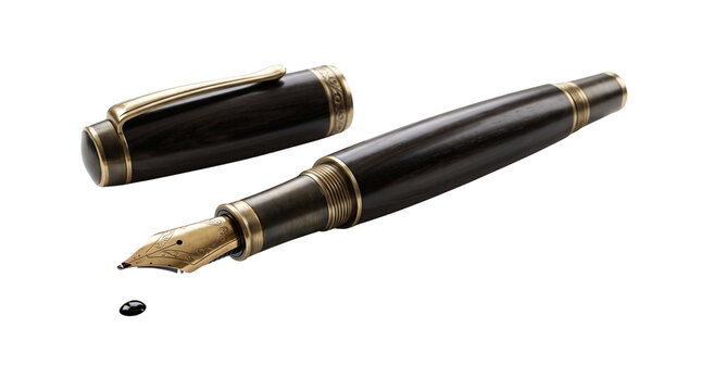 Vintage fountain pen with brass nib and black ink drop, elegant classic luxury writing instrument, antique calligraphy pen for legal documents isolated PNG with Transparent Background