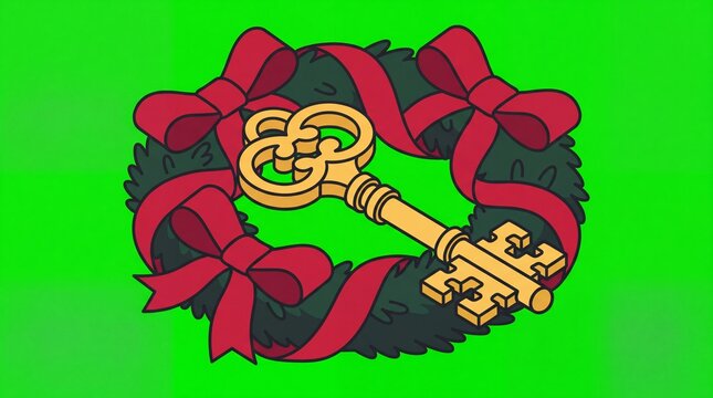 Natal vektor kunci emas di atas karangan bunga hari raya