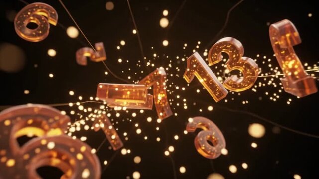 Glowing orange gold numbers floating against a dark, dusty background, resembling a digital countdown or a numerology animation. Glowing, fiery Numbers floating against a dark, constellation space. 