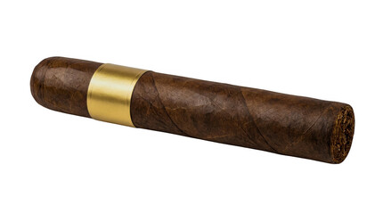 A brown cigar with a golden band on a plain surface isolated on transparent background © Designer
