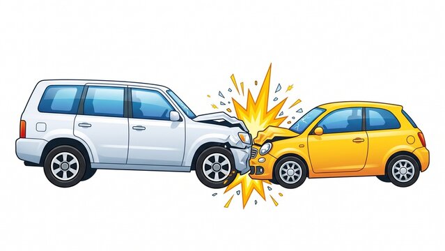 Two cartoon vehicles colliding violently in a sudden traffic accident depicted on white background