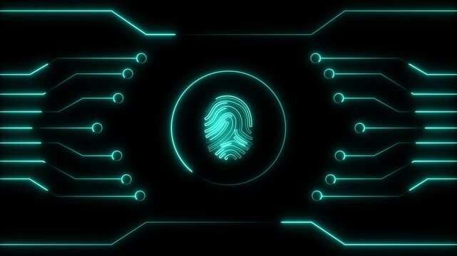 Fingerprint icon animation glows across an electronic circuit board grid. Access authorization data confirms on icon. Defense consoles operate with fingerprint icon.