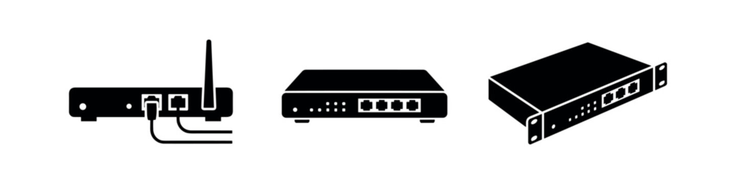 Network hardware icons featuring router with antenna internet switch and rack mount server