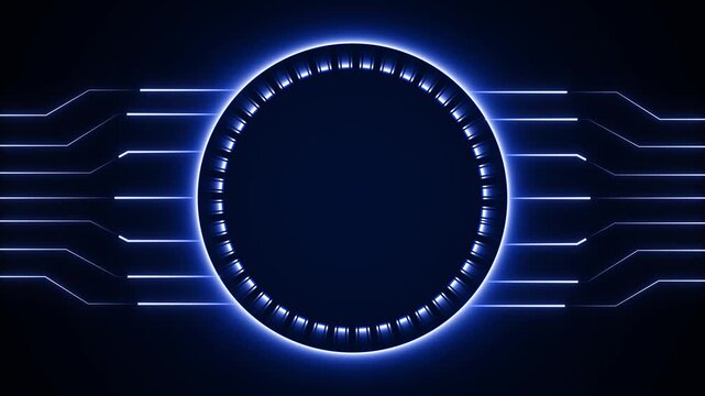 Circuitry circle animation displays digital microprocessor tracks on dark. Hardware data routes through circuitry circle. Technology consoles operate with circle.
