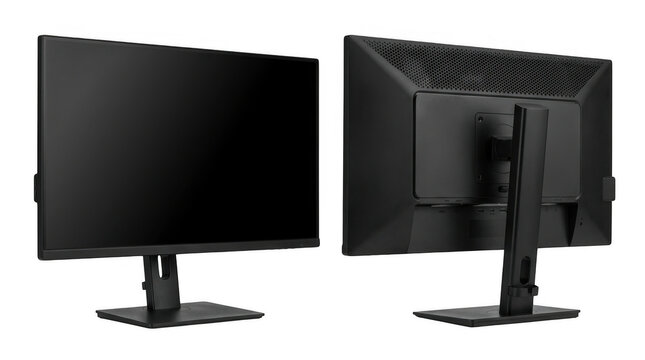 Black computer monitor showing front and back view isolated on transparent background