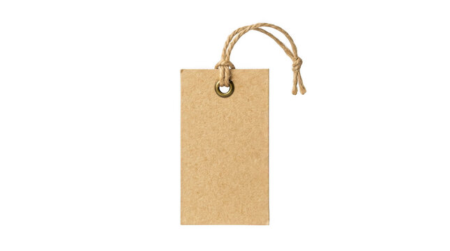 Blank brown cardboard paper price tag with a natural string loop isolated on transparent background