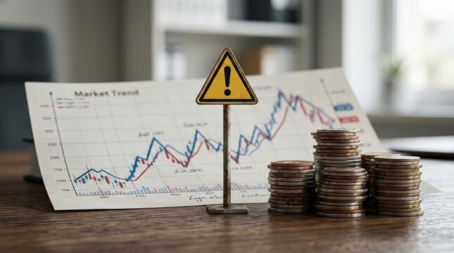 A miniature warning sign stands before a market trend chart and coin stacks, capturing trading money loss inside a dimly lit office setting with muted earth tones and a shallow depth of
