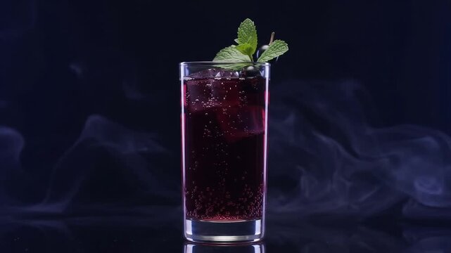 Tall glass of blackcurrant botanical tonic garnished with fresh mint