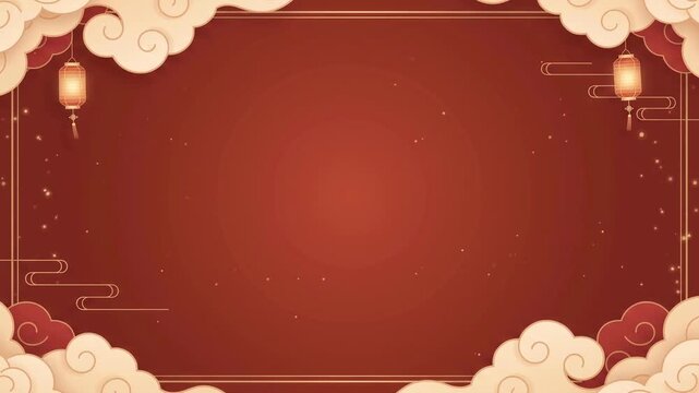Warm red Chinese decorative frame featuring hanging lanterns, traditional cloud motifs, glowing particles, and generous central copy space.