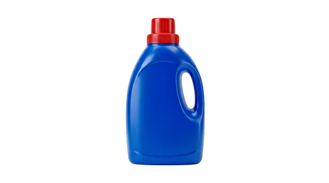 Blue plastic bottle of liquid laundry detergent with a red cap isolated on transparent background