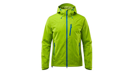 Bright lime green waterproof hooded jacket for outdoor activities isolated on transparent background © Designer