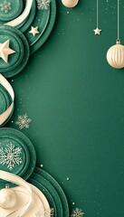 Naklejka na ściany i meble Minimalist Christmas Background with Abstract Green Circles, Decorative Stars and Ribbons Design