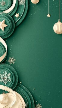 Minimalist Christmas Background with Abstract Green Circles, Decorative Stars and Ribbons Design