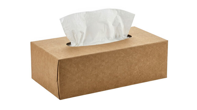 Brown cardboard tissue box with white paper napkins inside isolated on transparent background