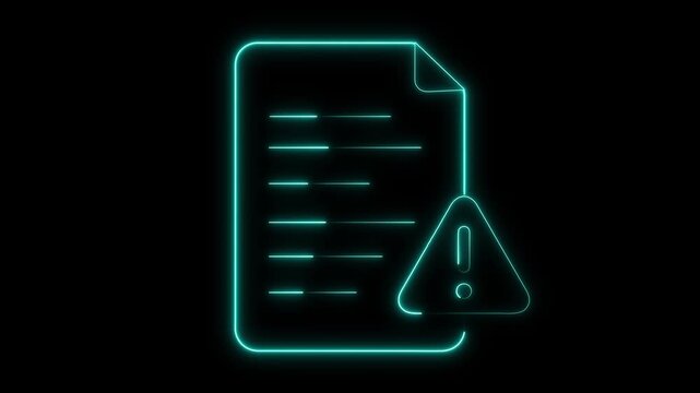 Document icon animation displays a hazard exclamation warning symbol on dark. Compliance error data routes on document icon. Auditing consoles operate with icon.