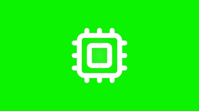 Microchip processor icon motion graphic animation featuring glowing digital technology elements on green screen background