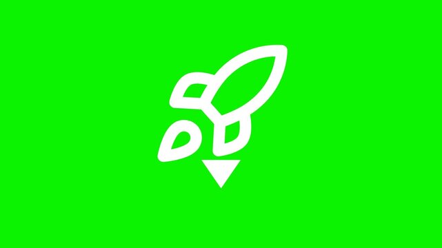 White rocket ship logo icon animation loop moving across vibrant chroma key green background