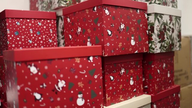 Christmas gift boxes with festive patterns fill a store display offering colorful holiday packaging for presents seasonal shopping celebrations and winter gift giving