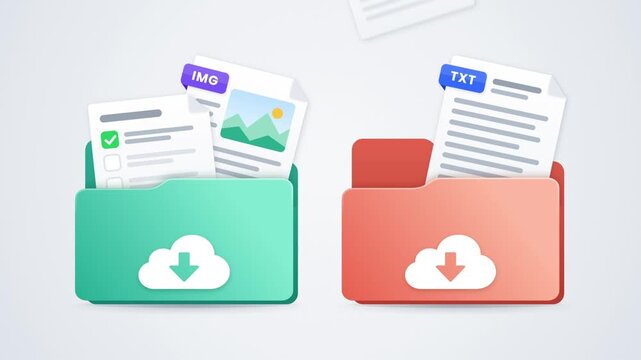 Cloud download animation, two folders fill with IMG, TXT, CSV and ZIP files and show completed check marks