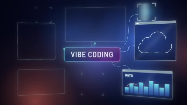Vibe coding animation, button click connects AI chip, web code, script, cloud and data chart panels