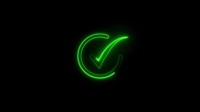 Check mark animation glows inside an circular validation ring on dark. Task completion approval data confirms on check mark. Verification consoles operate with mark.