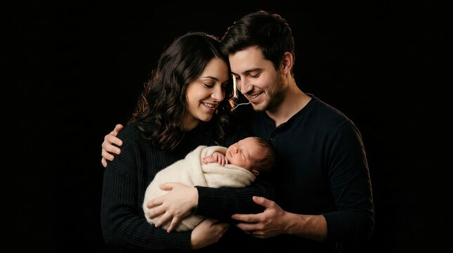 Loving Parents Embrace Newborn Baby in Tender Family Portrait 1.