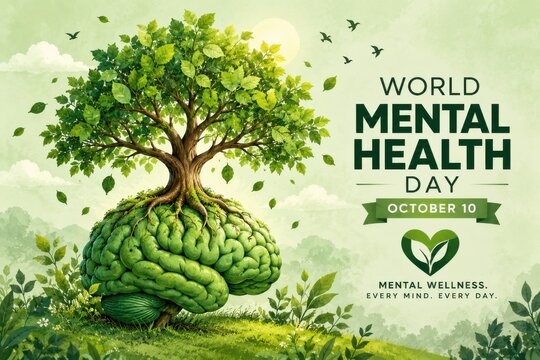 Tree of life growing from a brain shape representing World Mental Health Day in lush greenery
