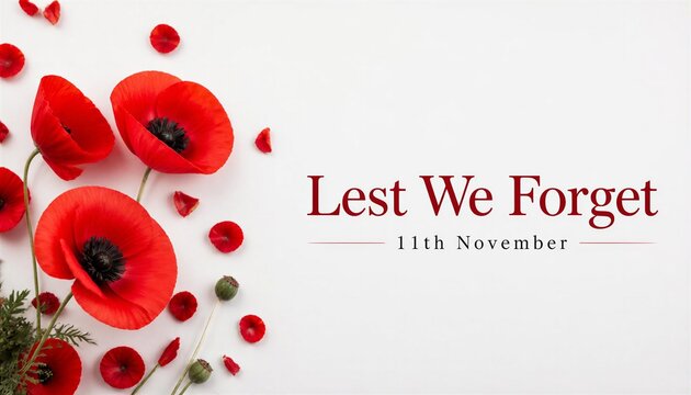 Remembrance day background with red poppy flowers and lest we forget