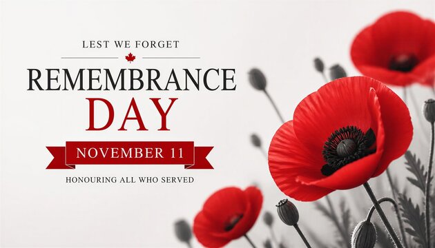Remembrance day november 11 banner with red poppy flowers and lest we