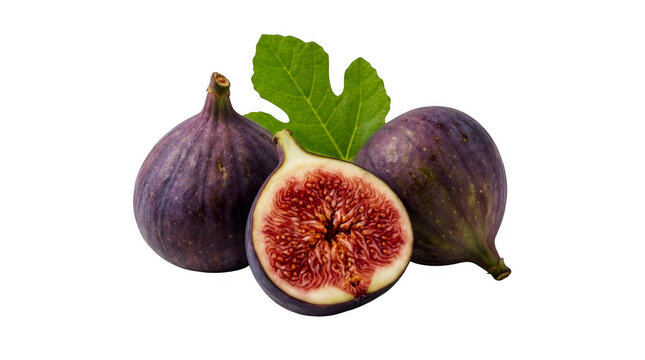 Fresh purple figs with green leaf on a studio table isolated on transparent background