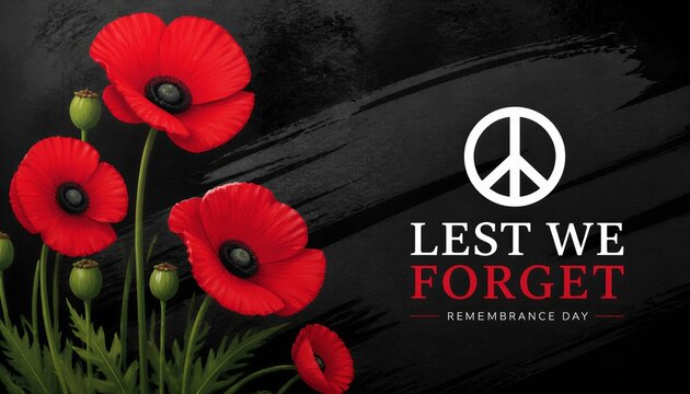 Remembrance day red poppy flowers with peace symbol and lest we