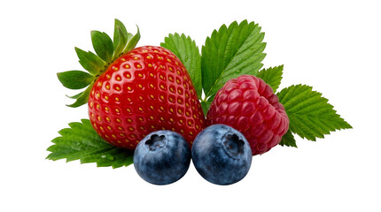 Fresh strawberries raspberries and blueberries with green leaves isolated on transparent background © Designer