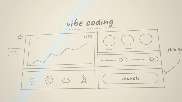 Hand drawn vibe coding sketch turns into a polished app dashboard, then the launch button switches to live