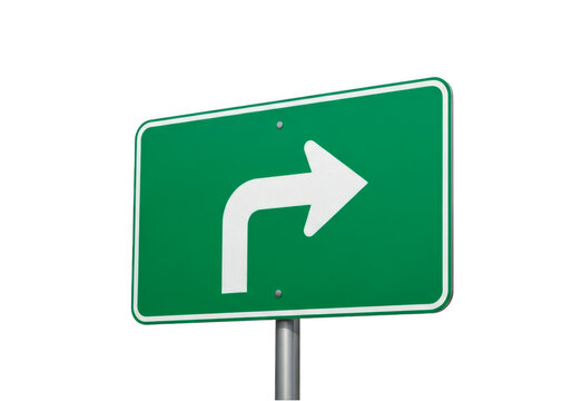 Green road sign with white arrow pointing to the right direction isolated on transparent background