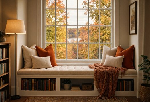 Cozy autumn reading nook with a cushioned window seat, books, and fall foliage view