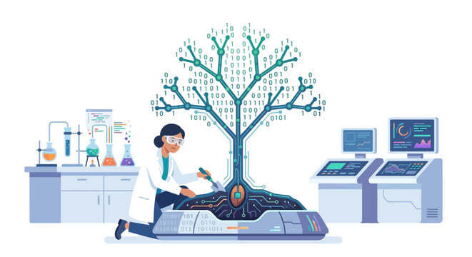 Professional scientist planting digital seed growing into binary tree in futuristic lab flat design vector illustration