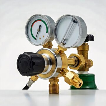 Brass Gas Regulator With Dual Gauges Black Knob White Background