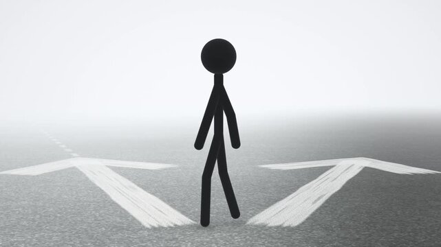 Black stick figure at road fork choosing a direction and walking forward along the chosen arrow path