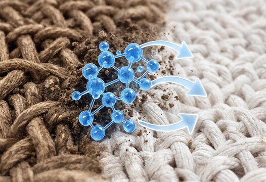 Conceptual illustration of nanotechnology detergent molecules cleaning dirt from fabric textile fibers