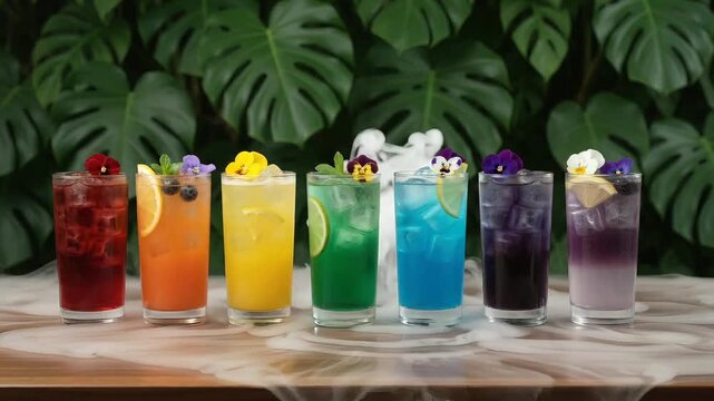 Row of vibrant colorful fruit mocktails in glasses on wooden bar