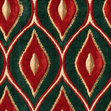 Seamless pattern velvet fabric with traditional red and green colors and gold embroidery forming an elegant ogee pattern, creating a rich textile background
